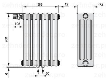 Схема (чертеж) Радиатор Zehnder Charleston 5090/8 №V007 Белый глянцевый RAL 9016